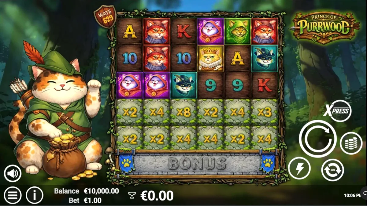 Cena temática de floresta medieval com gatos aventureiros no slot Prince of Purrwood