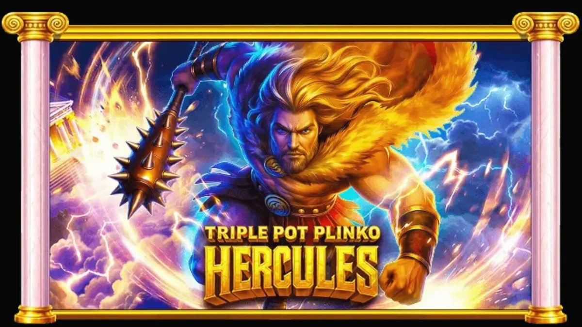 Interface do jogo Triple Pot Plinko – Hercules com elementos mitológicos e pirâmide de Plinko